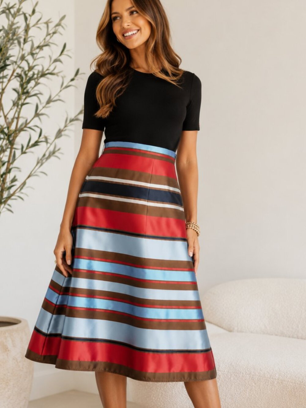 Frances Valentine Striped Multicolor Midi Skirt Sz L A-Line Pockets NWT